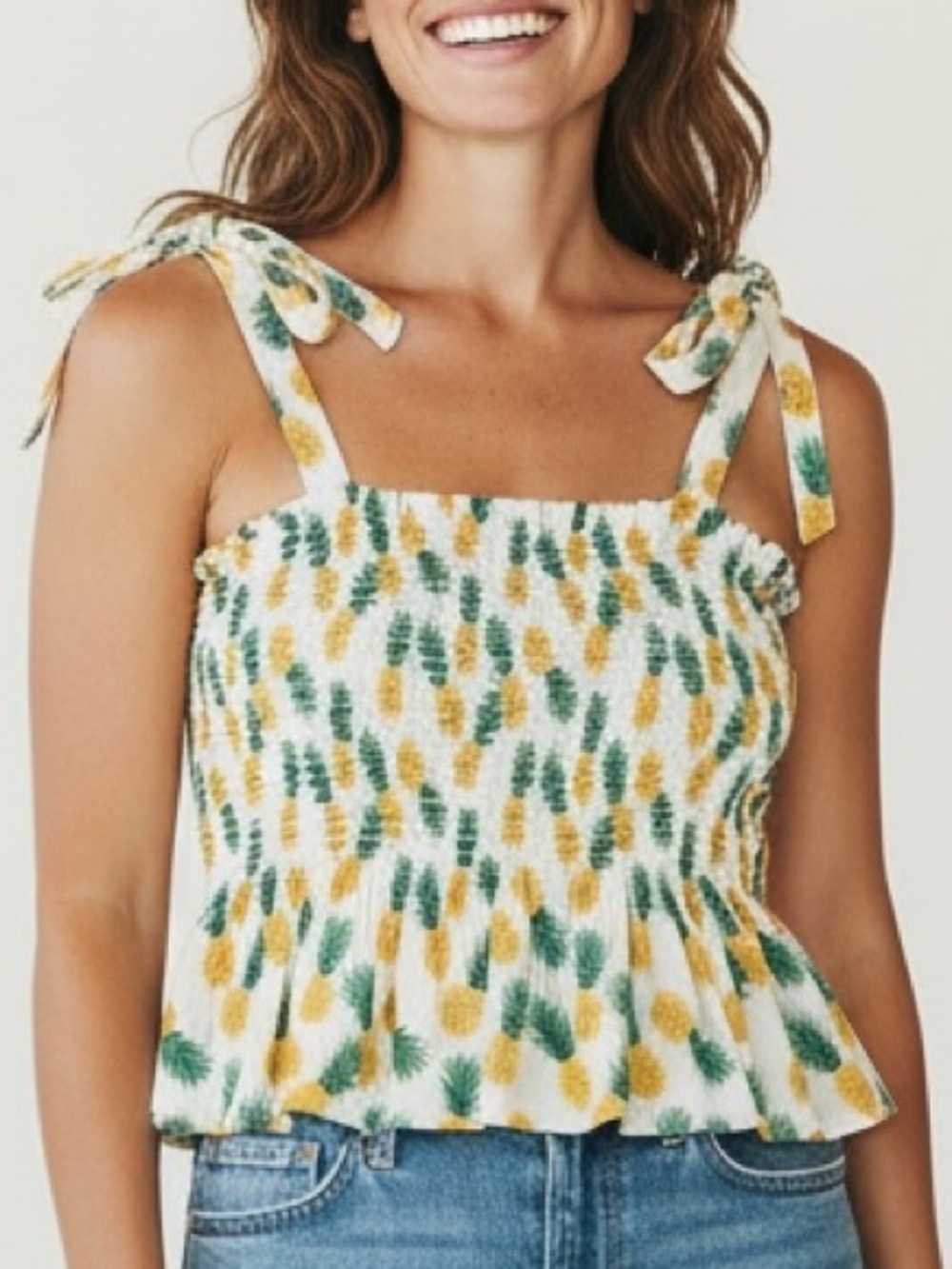 J.Crew Pineapple Smocked Peplum Cami Tie Top Tank XXL Boho